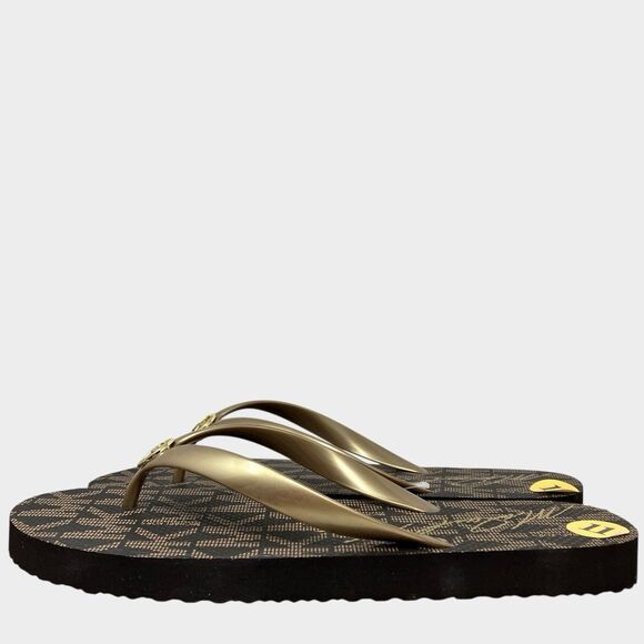 Michael Kors Jet Set Womens 11 Brown Flip Flops Gold Sandals Beach PVC Signature - Picture 5 of 12